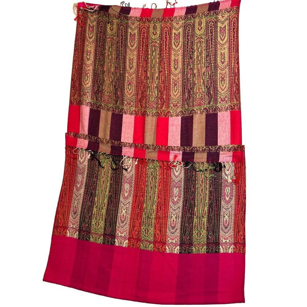 Pashmina  Scarf Wrap Shawl Decorative Panel On Ends Stripes One Side Solid Other